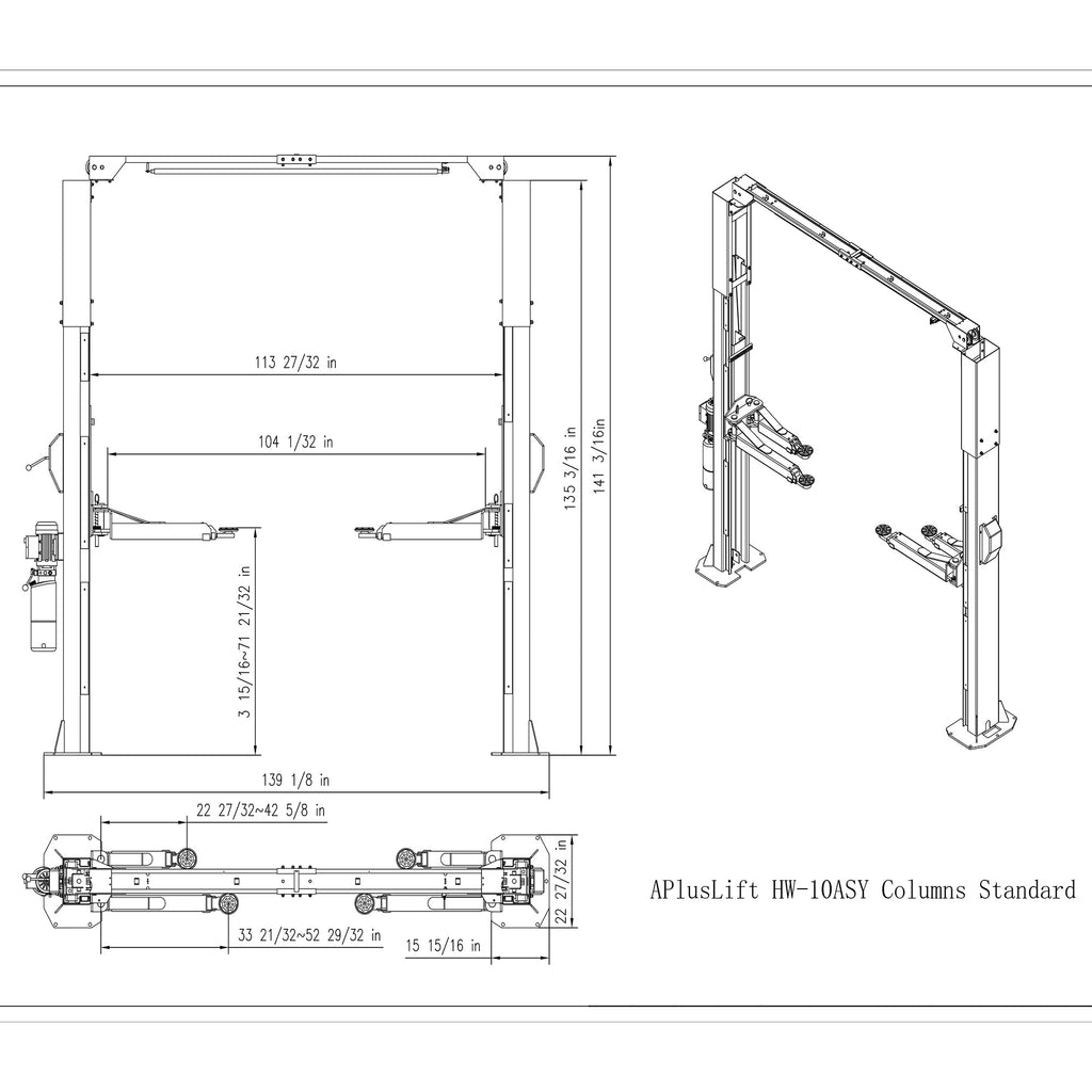 APlusLift 10,000LB 2-Post Overhead Symmetrical and Truly Asymmetrical Single Release Car Lift with 3 Year Warranty - HW-10ASY