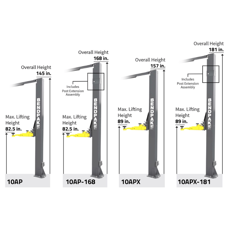 BendPak 10APX 10,000lb 2 Post Lift - ALI Certified,  Adjustable Width, Tall
